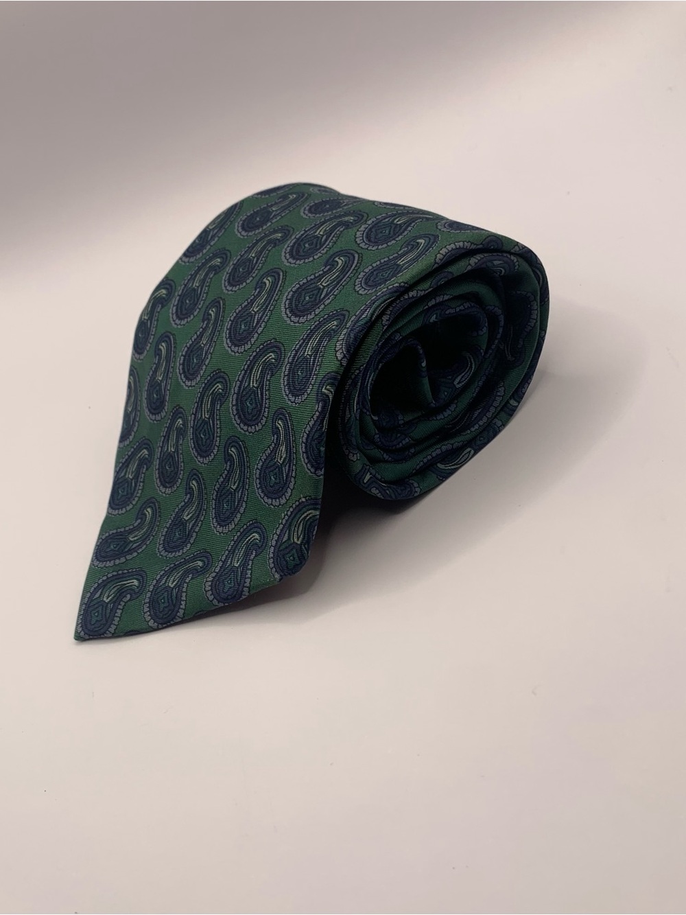 Men's Green Paisley Tie with Navy Motif